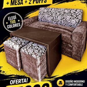 Sofá 3 cuerpos + mesa ratona + 2 puffs - color a elección