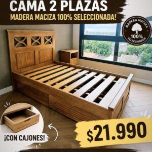 Cama en madera maciza de 2 plazas con cajones