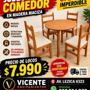 Juego de comedor redondo + 4 sillas - en madera